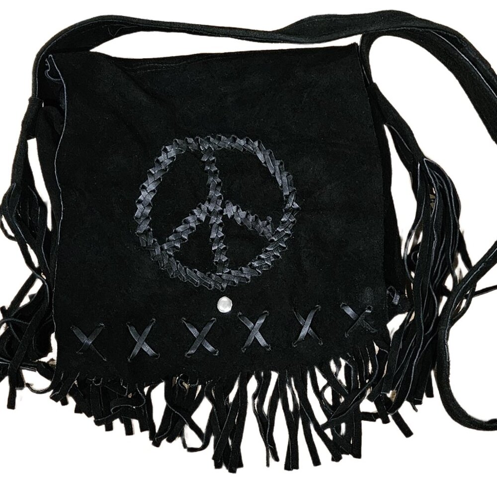 Genuine Suede &‎ Leather Peace Sign Stitched Black Purse